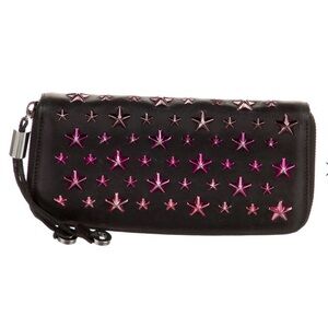 Jimmy Choo RARE Pink Star Studded Long Zippy Black Leather Wallet Clutch